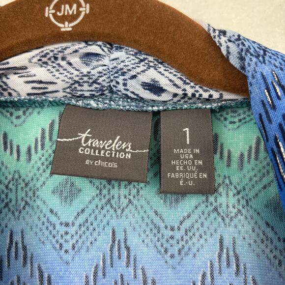 Chico's Travelers Vest Size M Blue Print Sleeveless Open Front Cardigan Topper - Picture 3 of 10